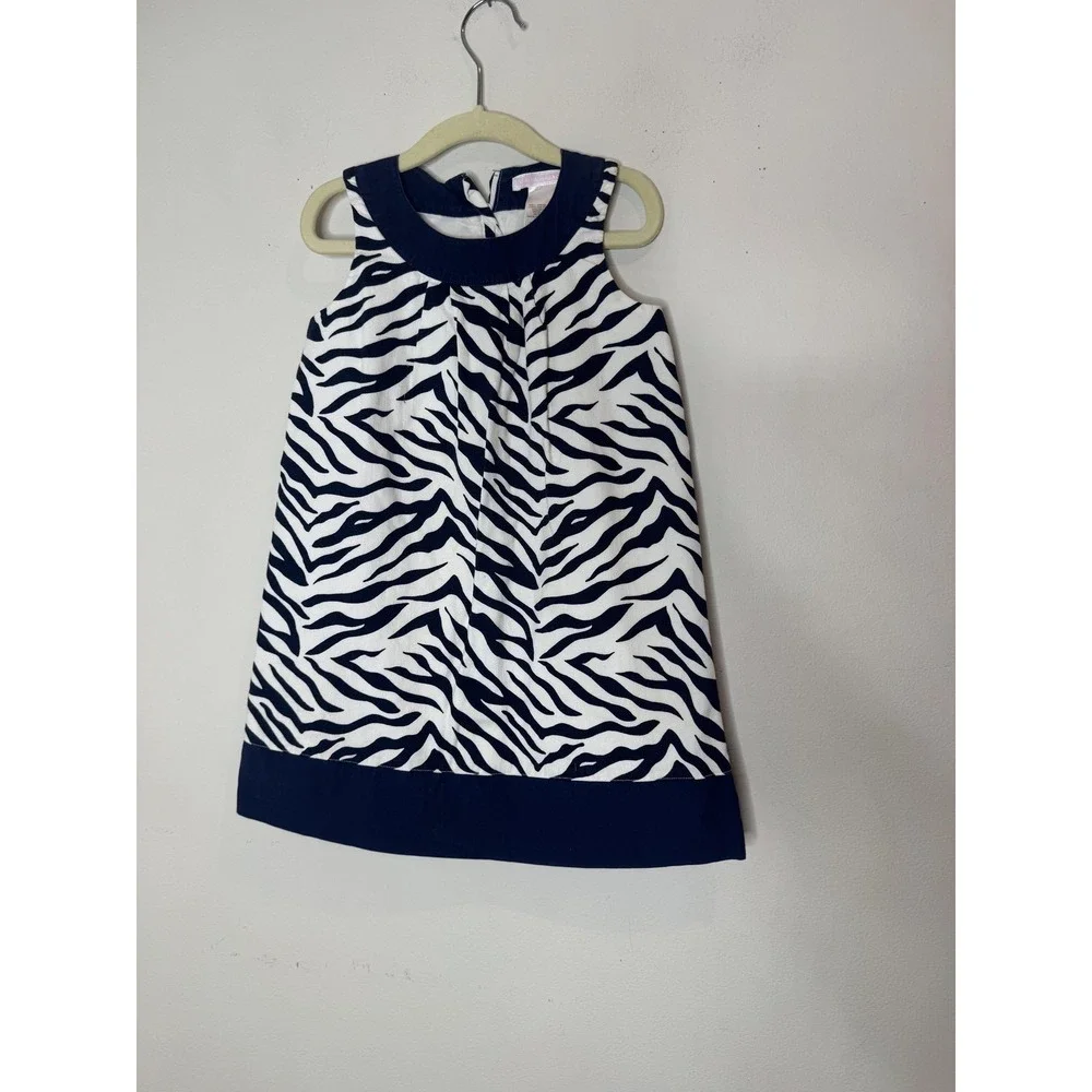 Janie And Jack Dress Girls 4 White Navy Zebra‎ Print Sleeveless Shift Lined